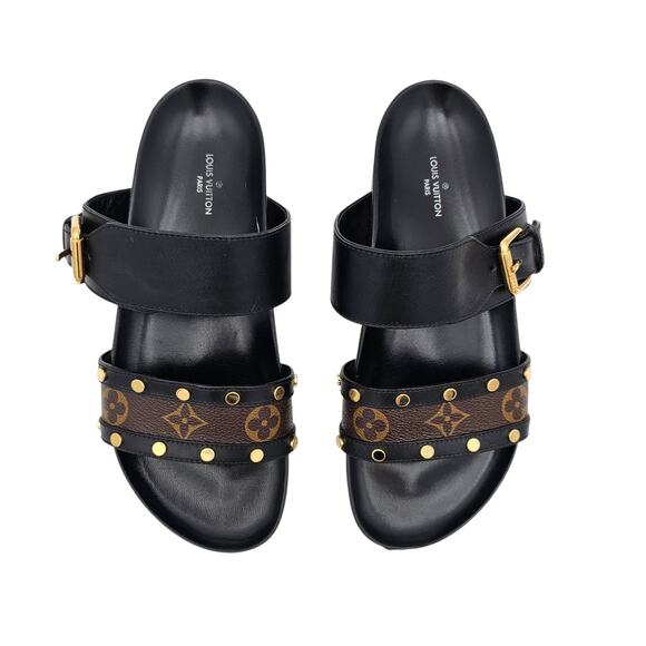 Louis Vuitton Bom Dia Monogram Canvas Slide Flat Sandal Brown Black Size 37 US 7 - Picture 1 of 15